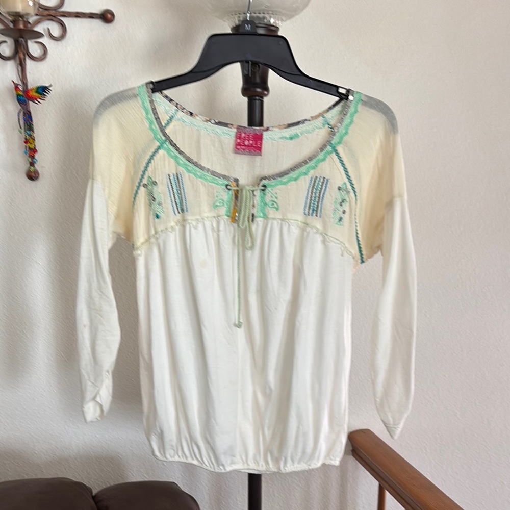 Free People Raglan Tunic in Cream and Green with Smocked Tie Front - Picture 1 of 5